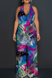 Casual Print Backless Halter Loose Jumpsuits