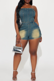 Sexy Solid Color Distressed Pocket Strapless Skinny Denim Jumpsuits