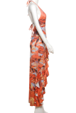 Sexy Print Hollow Out Flounce Halter Long Dresses
