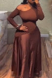 Casual Solid Color Patchwork Oblique Collar Long Dresses