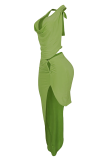Sexy Solid Color Backless Strap Design Halter Sleeveless Two Pieces