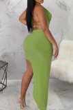 Sexy Solid Color Backless Strap Design Halter Sleeveless Two Pieces