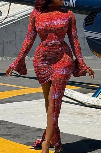 Sexy Print Ruched O Neck Irregular Dresses