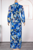 Casual Print With Belt Pleated Turndown Collar Long Plus Size Dresses