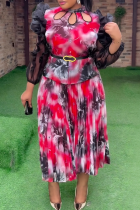 Elegant Print Hollow Out Stringy Selvedge Pleated Turtleneck Plus Size Two Pieces