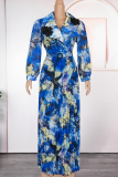 Casual Print With Belt Pleated Turndown Collar Long Plus Size Dresses