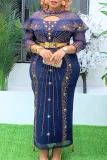 Elegant Solid Color Hollow Out Hot Drill O Neck Long Plus Size Dresses