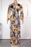 Casual Print With Belt Pleated Turndown Collar Long Plus Size Dresses