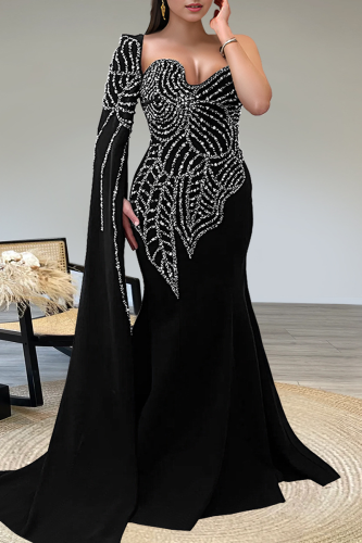 Prom Elegant Backless Hot Drill Asymmetrical Collar Long Dresses