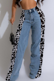 Casual Leopard Print Contrast Mid Waist Loose Denim Jeans