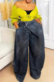 Casual Solid Color Pocket Buttons High Waist Loose Denim Jeans