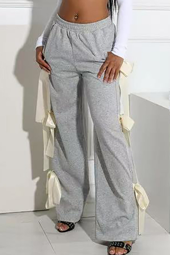 Casual Solid Color Pocket Bow Decor Loose Mid Waist Conventional Patchwork Bottoms