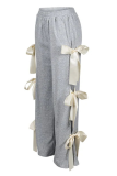 Casual Solid Color Pocket Bow Decor Loose Mid Waist Conventional Patchwork Bottoms