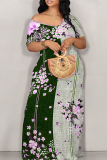 Casual Print Patchwork Off Shoulder Long Dresses