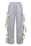 Casual Solid Color Pocket Bow Decor Loose Mid Waist Conventional Patchwork Bottoms