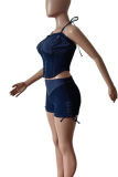 Sexy Solid Color Backless Cross Straps Halter Sleeveless Two Pieces
