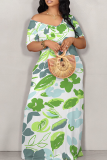 Casual Print Patchwork Off Shoulder Long Dresses