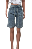 Casual Solid Color With Belt Hot Drill Mid Waist Loose Denim Shorts