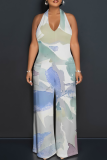 Casual Print Backless Halter Loose Jumpsuits