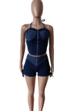 Sexy Solid Color Backless Cross Straps Halter Sleeveless Two Pieces