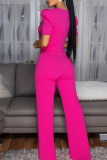 Casual Solid Color Hollow Out Bow Decor O Neck Bodycon Jumpsuits