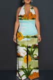 Casual Print Backless Halter Loose Jumpsuits