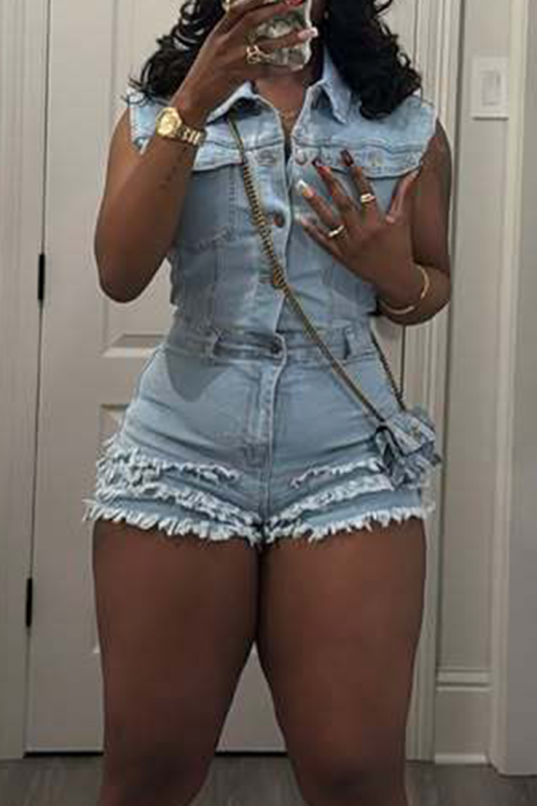 Sexy Solid Color Pocket Buckle Turndown Collar Sleeveless Regular Denim Jumpsuits