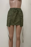 Casual Solid Color Draw String Pocket Mid Waist Regular Denim Skirts