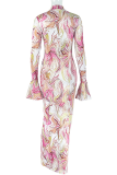 Elegant Print Patchwork Turtleneck Long Dresses