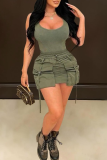 Casual Solid Color Draw String Pocket Mid Waist Regular Denim Skirts