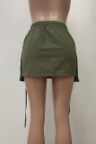Casual Solid Color Draw String Pocket Mid Waist Regular Denim Skirts