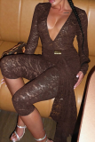 Sexy Solid Color Lace Ruched Deep V Neck Skinny Jumpsuits