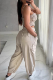 Sexy Solid Color Draw String Ruched Spaghetti Strap Sleeveless Two Pieces