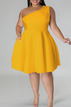 Casual Solid Color Patchwork Oblique Collar A Line Plus Size Dresses