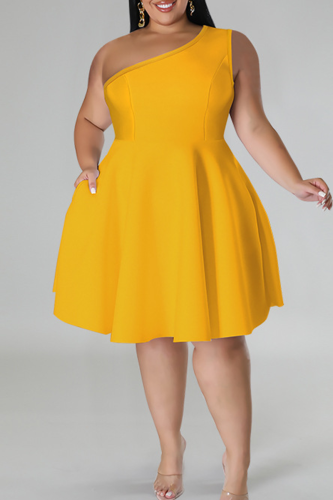Casual Solid Color Patchwork Oblique Collar A Line Plus Size Dresses