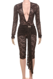 Sexy Solid Color Lace Ruched Deep V Neck Skinny Jumpsuits