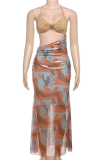 Sexy Print Hollow Out Halter Long Dresses