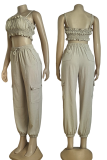 Sexy Solid Color Draw String Ruched Spaghetti Strap Sleeveless Two Pieces