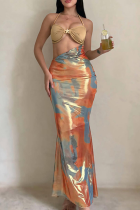 Sexy Print Hollow Out Halter Long Dresses