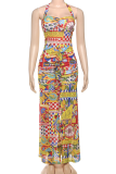Sexy Print Backless High Slit Strap Design Halter Long Dresses