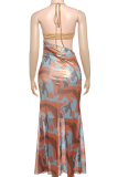 Sexy Print Hollow Out Halter Long Dresses