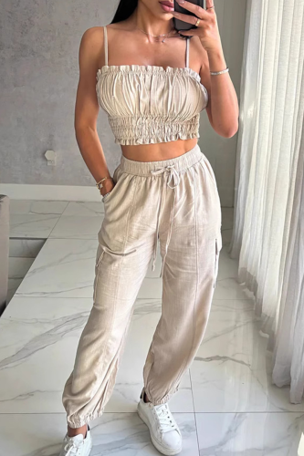 Sexy Solid Color Draw String Ruched Spaghetti Strap Sleeveless Two Pieces