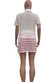 Casual Stripe Pocket Buckle Turndown Collar Half Sleeve Two Pieces