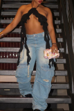Casual Solid Color Pocket Mid Waist Loose Denim Jeans