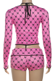 Sexy Print Strap Design Halter Long Sleeve Two Pieces