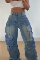 Casual Solid Color Pocket Mid Waist Loose Denim Jeans