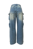 Casual Solid Color Pocket Mid Waist Loose Denim Jeans