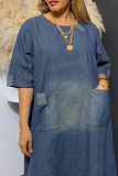 Casual Solid Color Pocket O Neck Half Sleeve Loose Denim Dresses