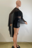 Sexy Solid Color See-Through O Neck Three Quarter Two Pieces