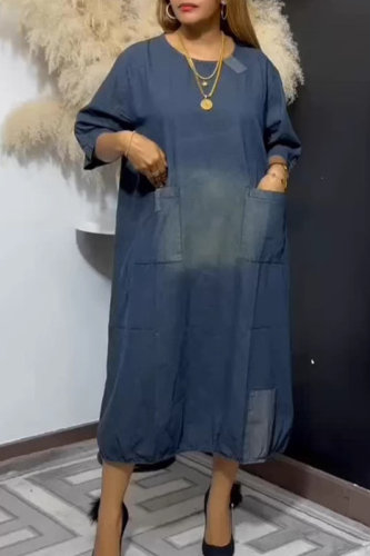 Casual Solid Color Pocket O Neck Half Sleeve Loose Denim Dresses